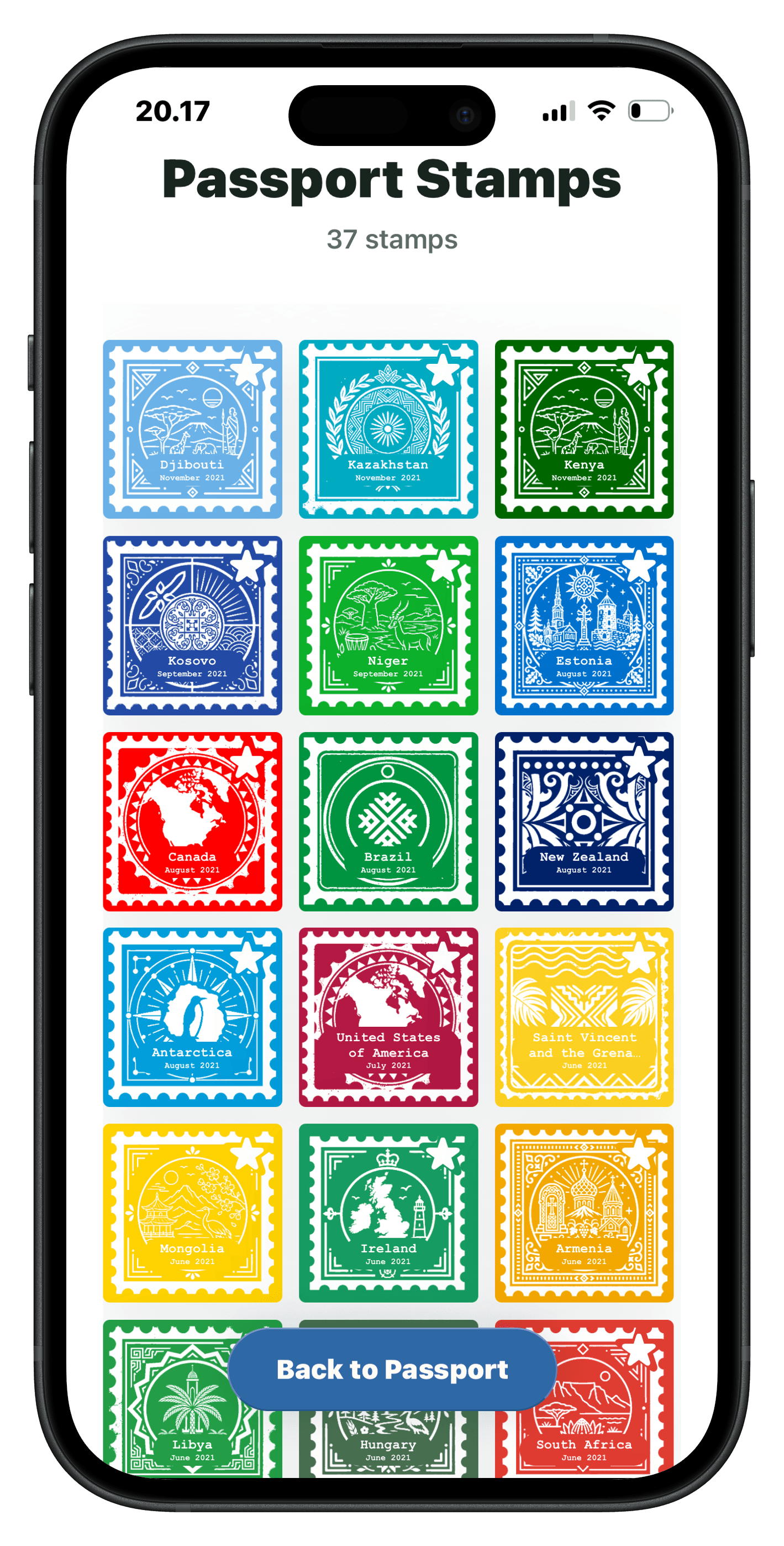 Meridian passport stamps screen